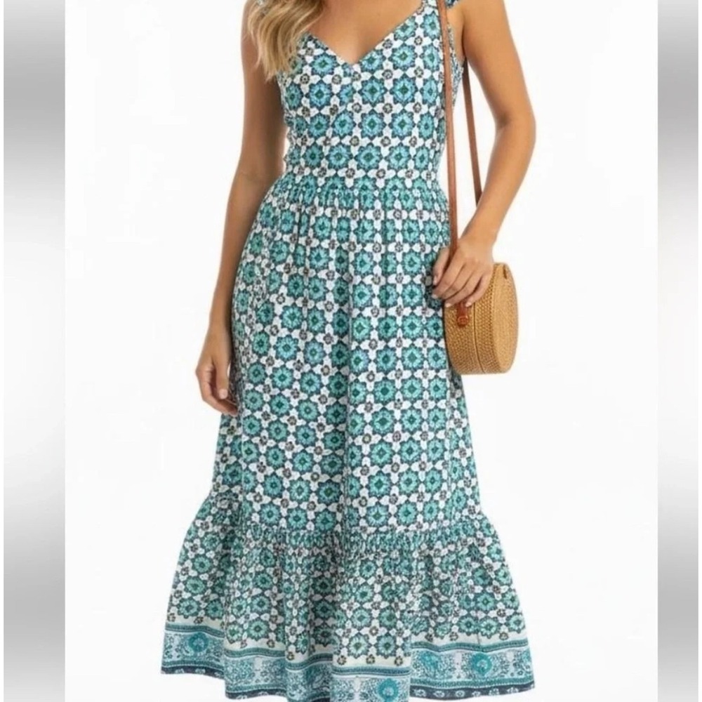 Lucky Brand Blue Teal Geometric Tile Print Ruffle Sleeve Smocked Maxi Dress L